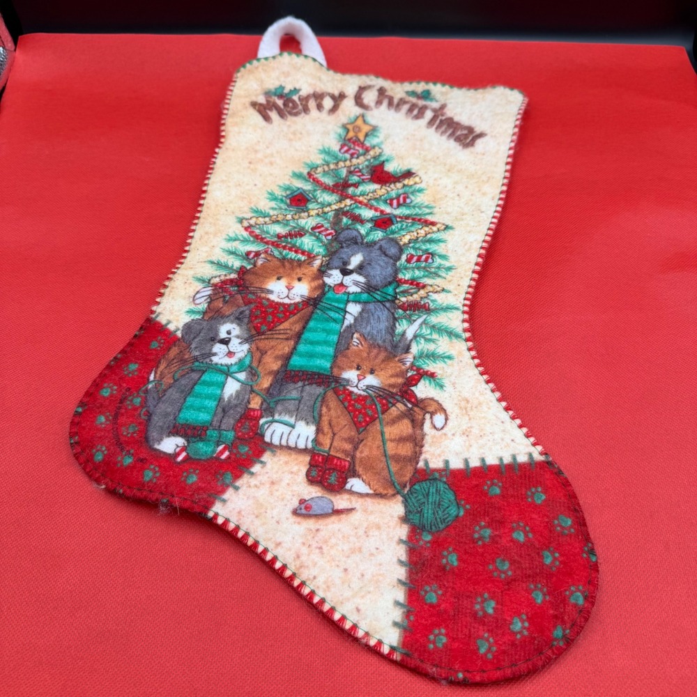 Christmas Stocking Felt Kittens Cats Tree Merry Christmas 17" Red Green